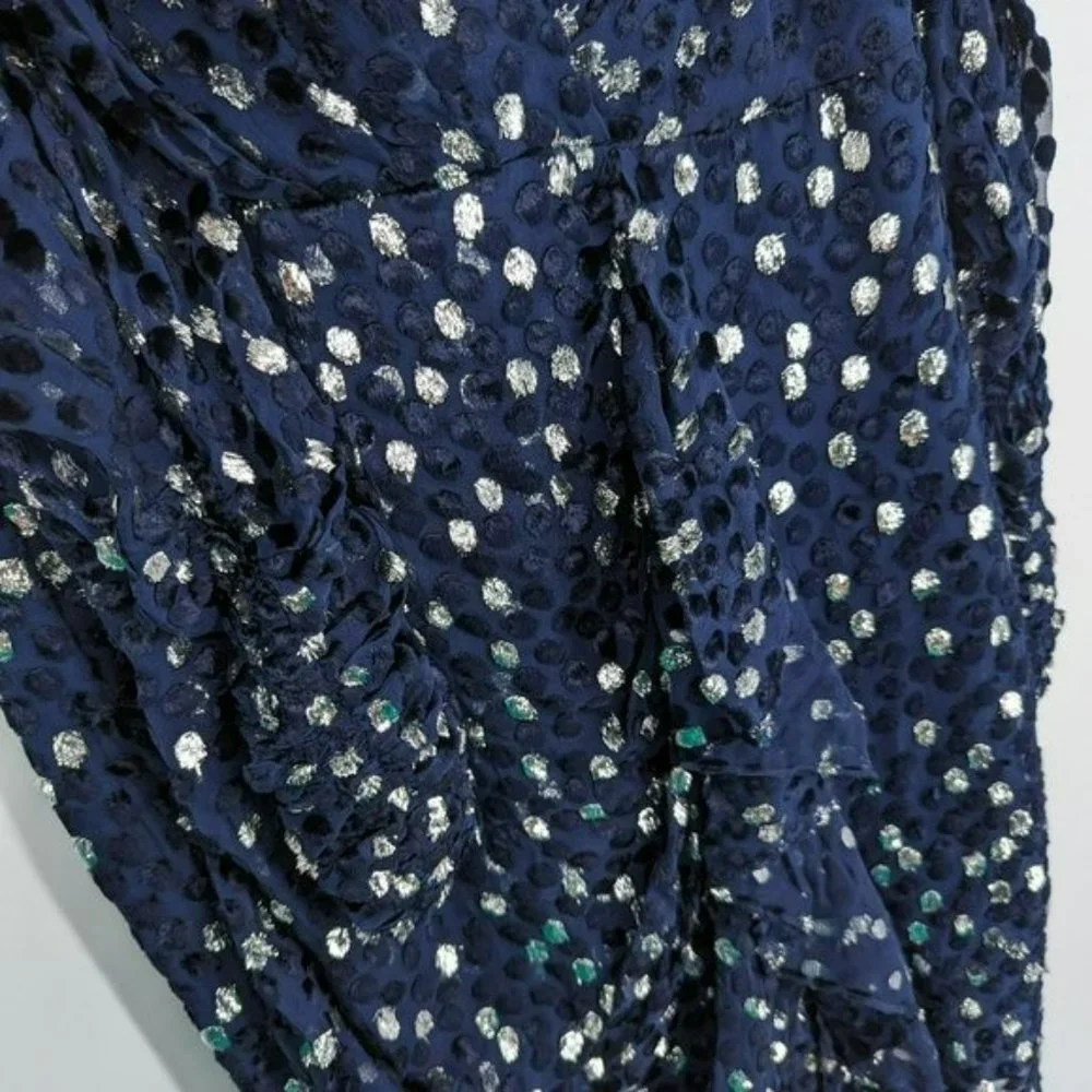 Kate Spade Scatter Dot Dress 6 Navy Silver Faux Wrap Ruffle Velvet Long Sleeve